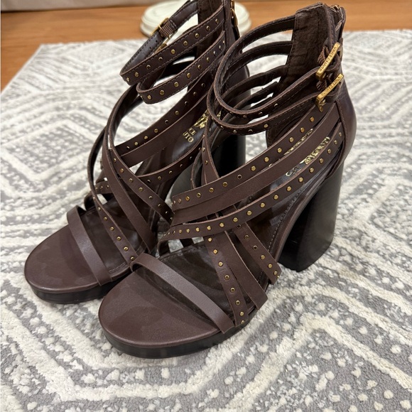 Vince Camuto Dark Brown Strappy Heels with Gold Accents - Picture 1 of 4